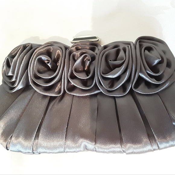 Laura Handbags - Laura Purple Gray Satin  Clutch with Rosette Accents